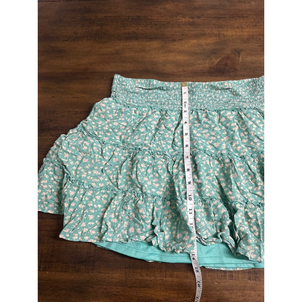 American Eagle Teal Floral Tiered Ruffle Smocked Mini Skirt Womens Size Medium - Picture 6 of 6